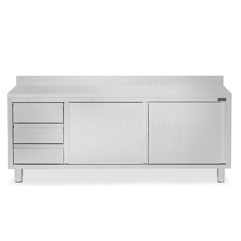Mesa mural de acero inoxidable 2 puertas correderas, 3 cajones a la izquierda y peto L 2300 mm x P 600 mm x A 950 mm