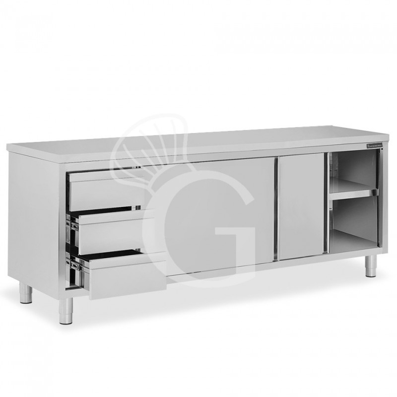 Mesa mural de acero inoxidable 2 puertas correderas, 3 cajones a la izquierda L 2300 mm x P 600 mm x A 850 mm