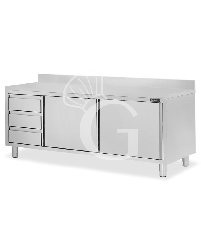 Mesa mural de acero inoxidable 2 puertas correderas, 3 cajones a la izquierda y peto L 2400 mm x P 700 mm x A 950 mm