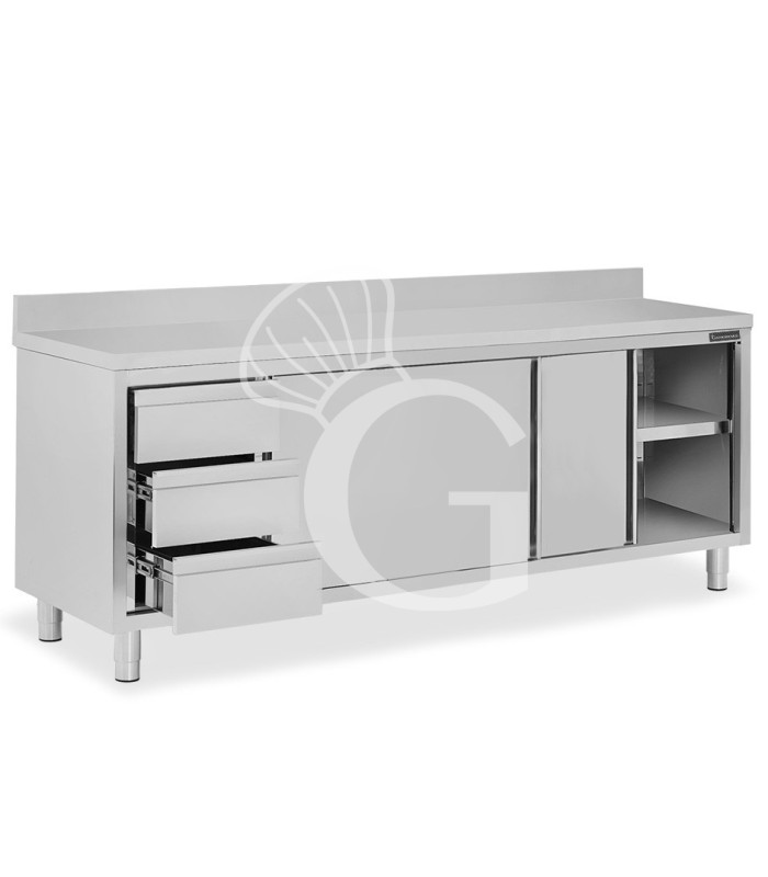 Mesa mural de acero inoxidable 2 puertas correderas, 3 cajones a la izquierda y peto L 2400 mm x P 700 mm x A 950 mm
