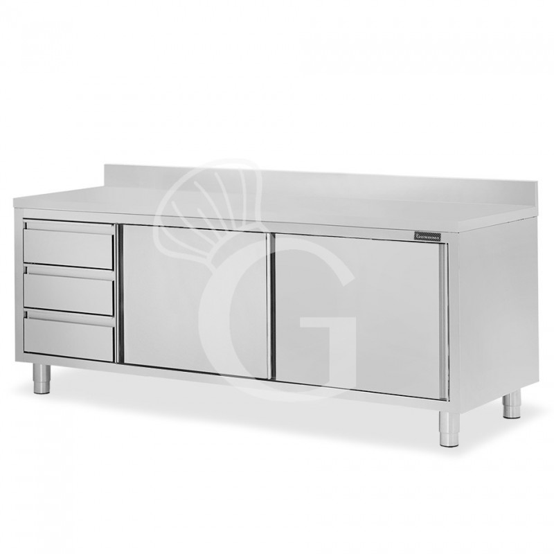 Mesa mural de acero inoxidable 2 puertas correderas, 3 cajones a la izquierda y peto L 2400 mm x P 600 mm x A 950 mm
