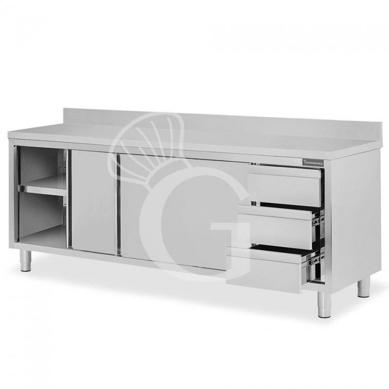 Mesa mural de acero inoxidable 2 puertas correderas, 3 cajones a la derecha y peto L 2200 mm x P 600 mm x A 950 mm