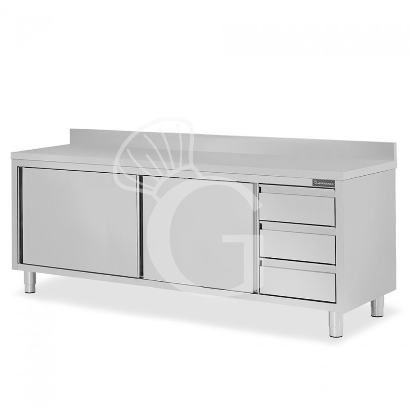 Mesa mural de acero inoxidable 2 puertas correderas, 3 cajones a la derecha y peto L 2300 mm x P 700 mm x A 950 mm