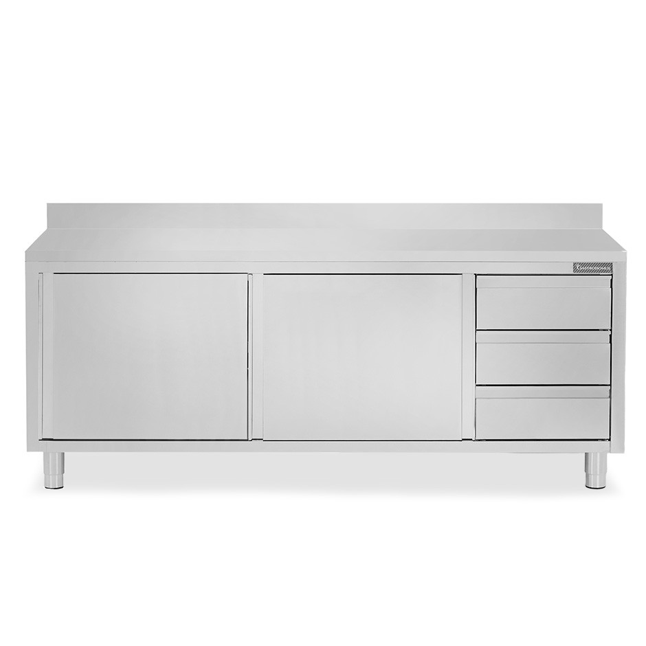 Mesa mural de acero inoxidable 2 puertas correderas, 3 cajones a la derecha y peto L 2300 mm x P 700 mm x A 950 mm