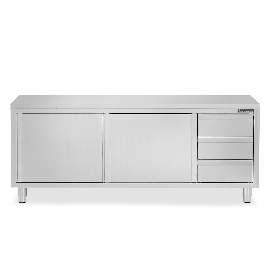 Mesa mural de acero inoxidable 2 puertas correderas, 3 cajones a la derecha L 2300 mm x P 600 mm x A 850 mm