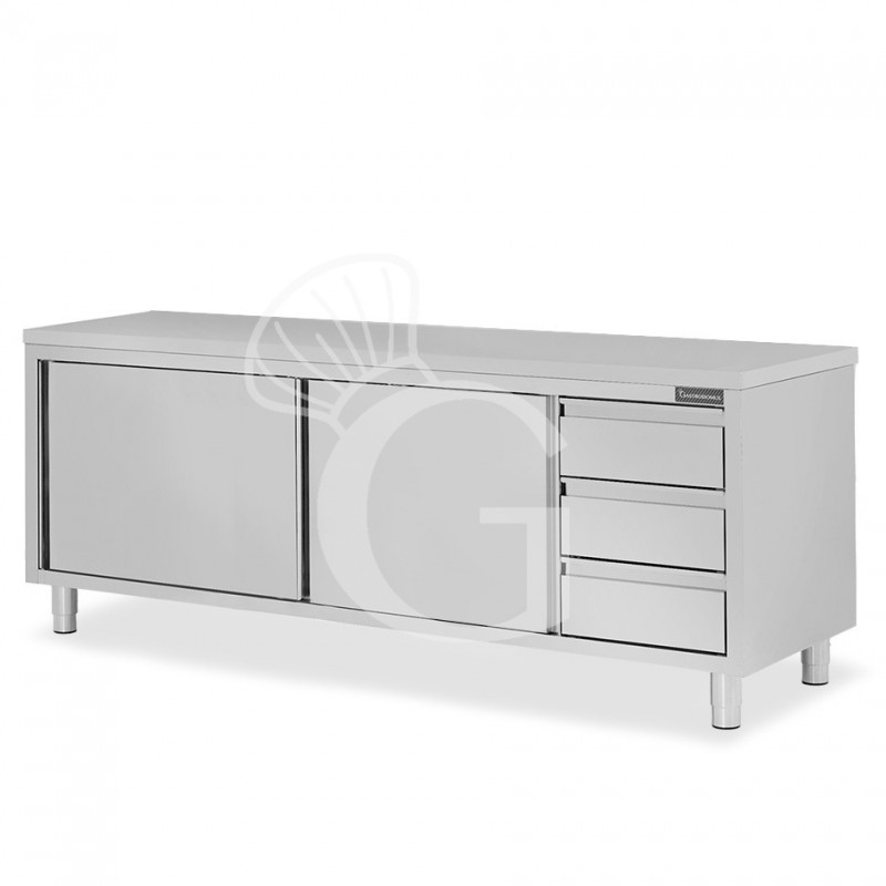 Mesa mural de acero inoxidable 2 puertas correderas, 3 cajones a la derecha L 2400 mm x P 700 mm x A 850 mm