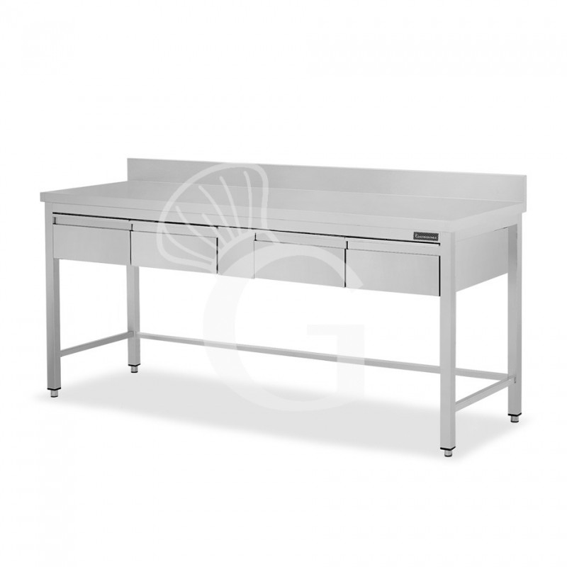 Mesa de acero inoxidable con 4 cajones y peto L 2000 mm x P 600 mm x A 950 mm