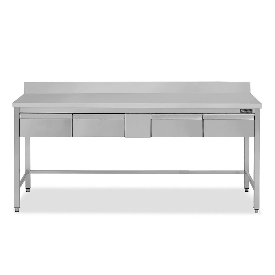 Mesa de acero inoxidable con 4 cajones y peto L 2000 mm x P 600 mm x A 950 mm