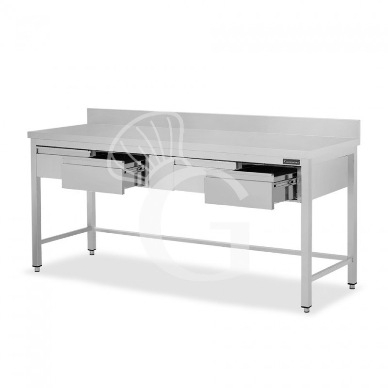 Mesa de acero inoxidable con 4 cajones y peto L 2000 mm x P 600 mm x A 950 mm