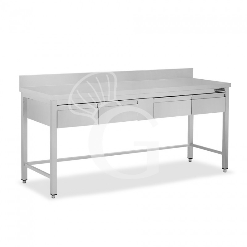 Mesa de acero inoxidable con 4 cajones y peto L 2000 mm x P 600 mm x A 950 mm