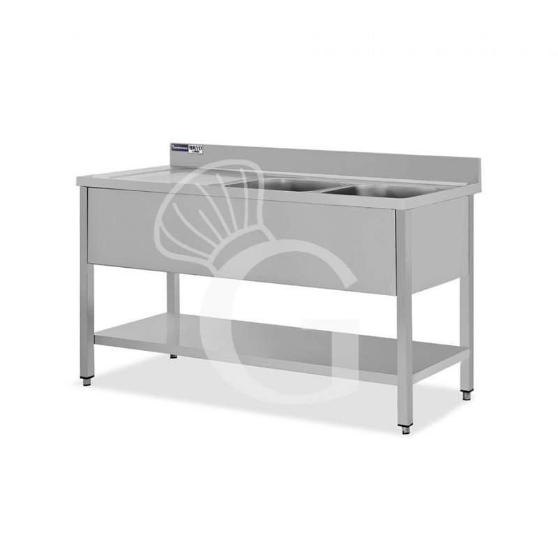 Fregadero inox 1 estante, peto trasero, 2 cubas, escurridor a la izquierda, L1400mmxP700mmxA965mm-agujero para el grifo Ø 32 mm
