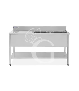 Fregadero inox 1 estante, peto trasero, 2 cubas, escurridor a la izquierda, L1400mmxP700mmxA965mm-agujero para el grifo Ø 32 mm