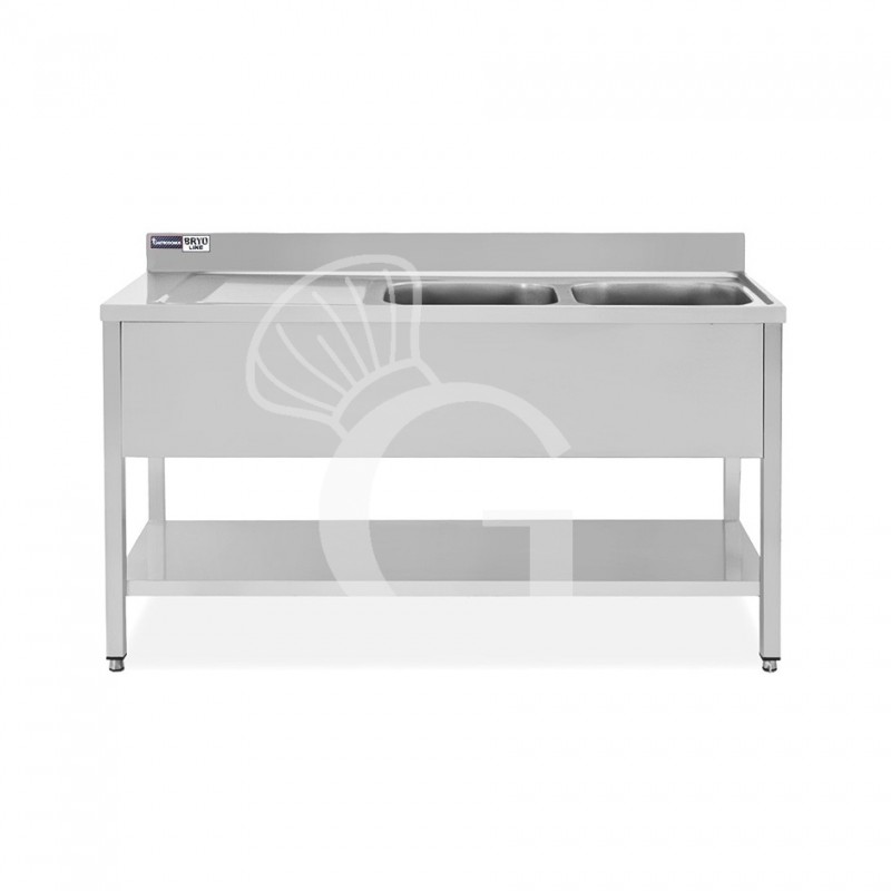Fregadero inox 1 estante, peto trasero, 2 cubas, escurridor a la izquierda, L1400mmxP700mmxA965mm-agujero para el grifo Ø 32 mm