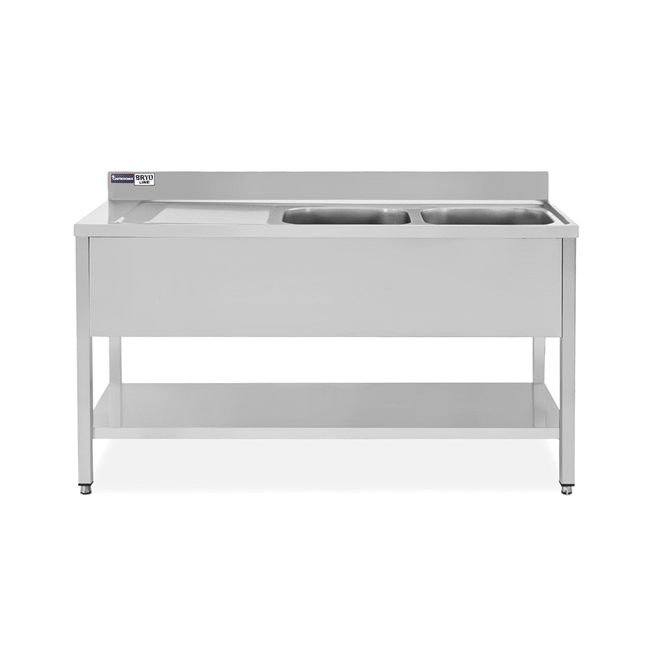 Fregadero inox 1 estante, peto trasero, 2 cubas, escurridor a la izquierda, L1400mmxP700mmxA965mm-agujero para el grifo Ø 32 mm