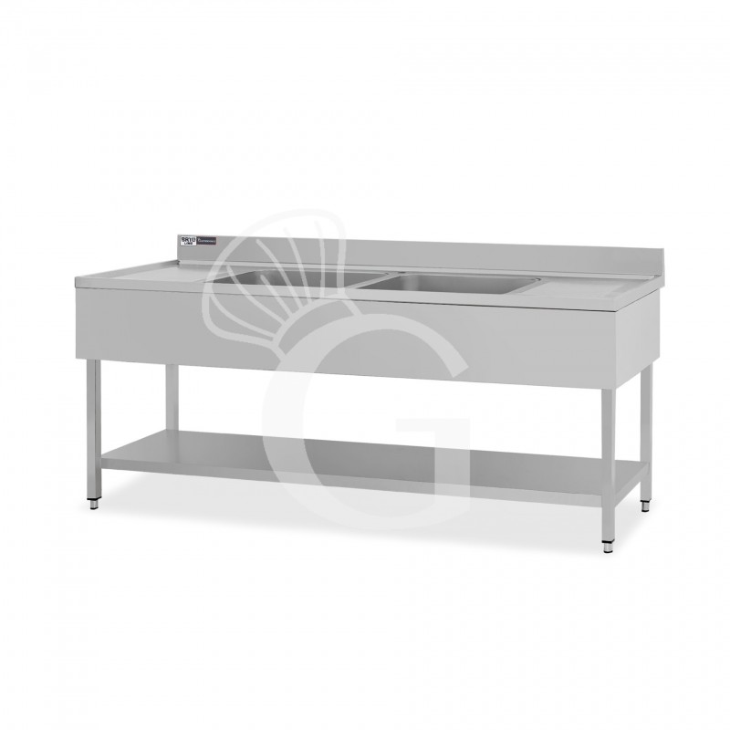 Fregadero inox con 2 cubetas y 2 escurridores, estante, peto L2000mmxP700mmxA965mm- con agujero para el grifo Ø 32 mm