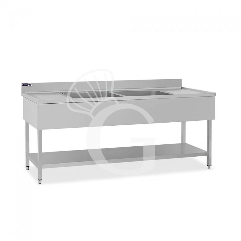 Fregadero inox con 2 cubetas y 2 escurridores, estante, peto L2000mmxP700mmxA965mm- con agujero para el grifo Ø 32 mm