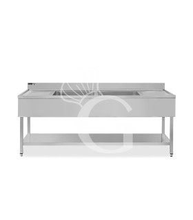 Fregadero inox con 2 cubetas y 2 escurridores, estante, peto L2000mmxP700mmxA965mm- con agujero para el grifo Ø 32 mm
