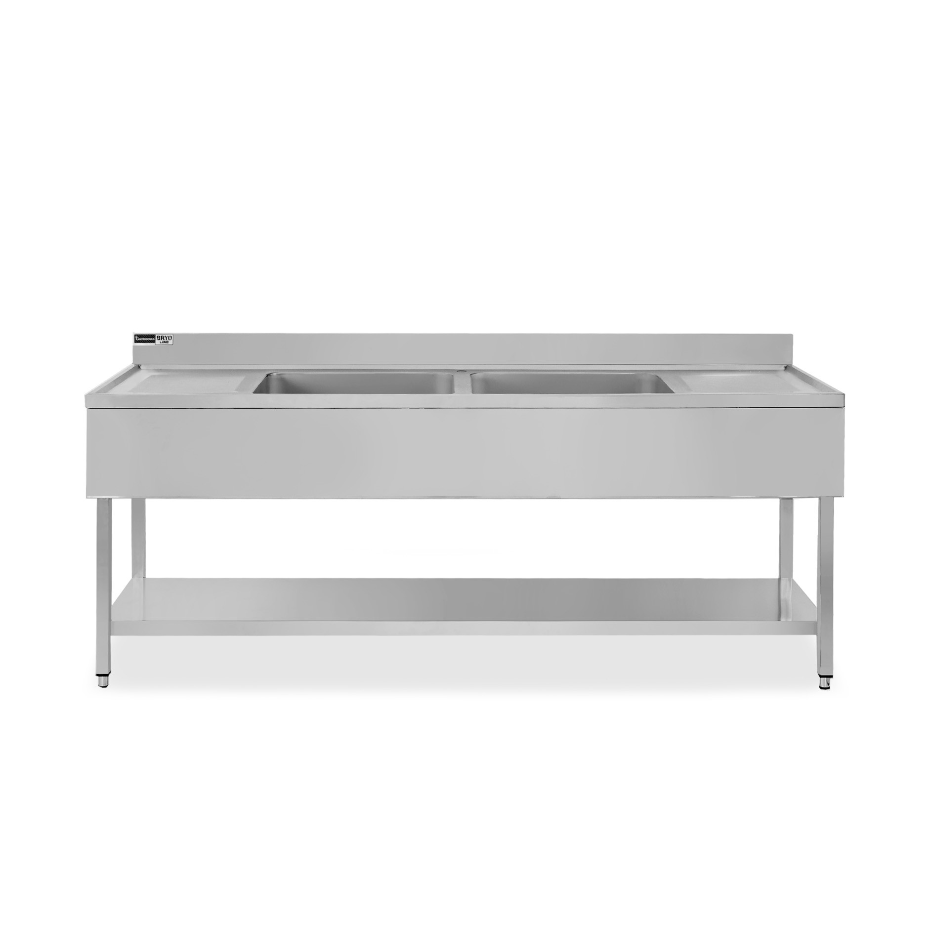 Fregadero inox con 2 cubetas y 2 escurridores, estante, peto L2000mmxP700mmxA965mm- con agujero para el grifo Ø 32 mm