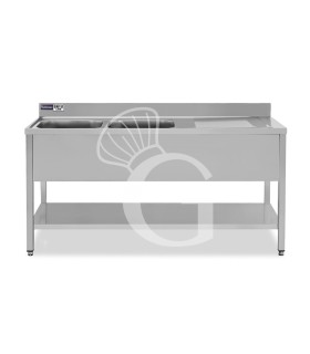 Fregadero inox con 2 cubetas y escurridor a la derecha, estante, peto L1800mmxP700mmxA965mm- con agujero para el grifo Ø 32 mm