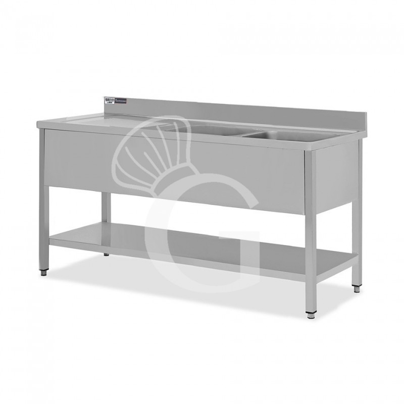 Fregadero inox con 2 cubetas y escurridor a la izquierda, estante, peto L1800mmxP700mmxA965mm- con agujero para el grifo Ø 32 mm