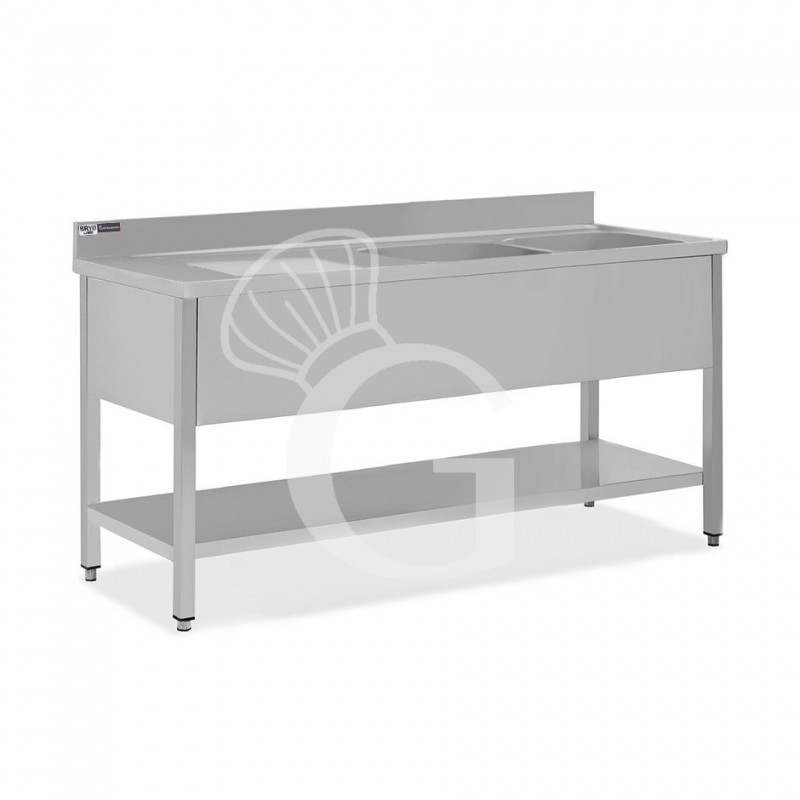 Fregadero inox con 2 cubetas y escurridor a la izquierda, estante, peto L1800mmxP700mmxA965mm- con agujero para el grifo Ø 32 mm