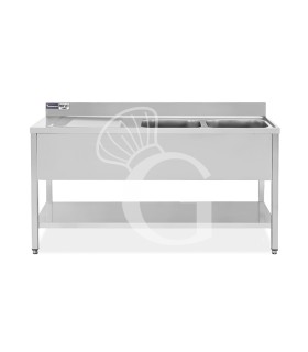 Fregadero inox 1 estante, peto trasero, 2 cubas, escurridor a la izquierda, L1900mmxP700mmxA965mm-agujero para el grifo Ø 32 mm