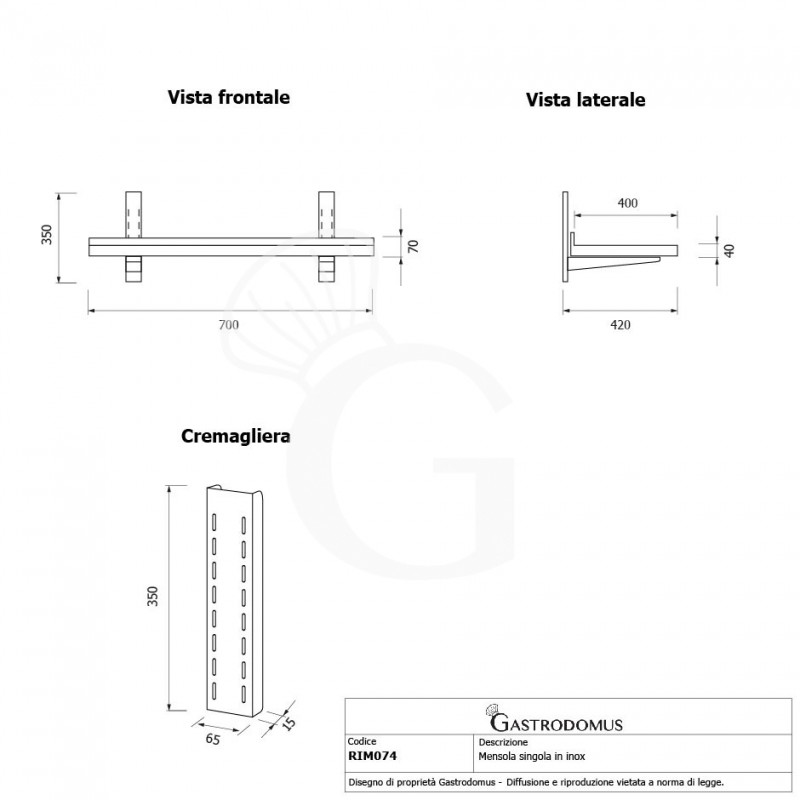 Estante de pared de acero inoxidable L 700 mm x P 400 mm x A 350 mm