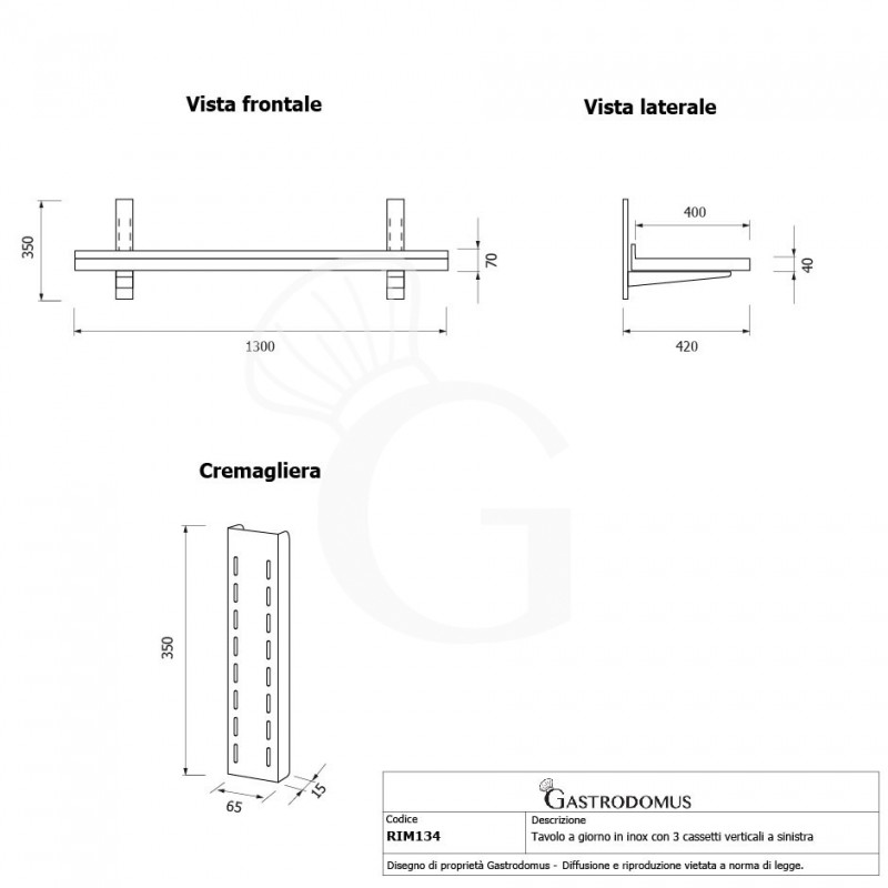 Estante de pared de acero inoxidable L 1300 mm x P 400 mm x A 350 mm