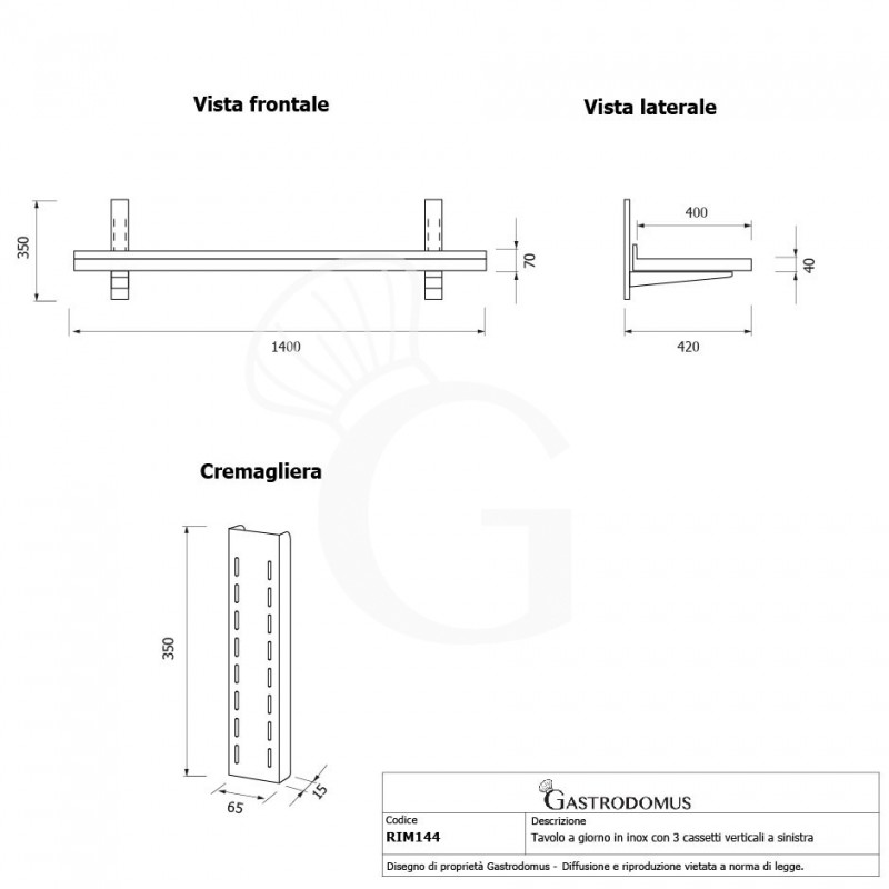 Estante de pared de acero inoxidable L 1400 mm x P 400 mm x A 350 mm