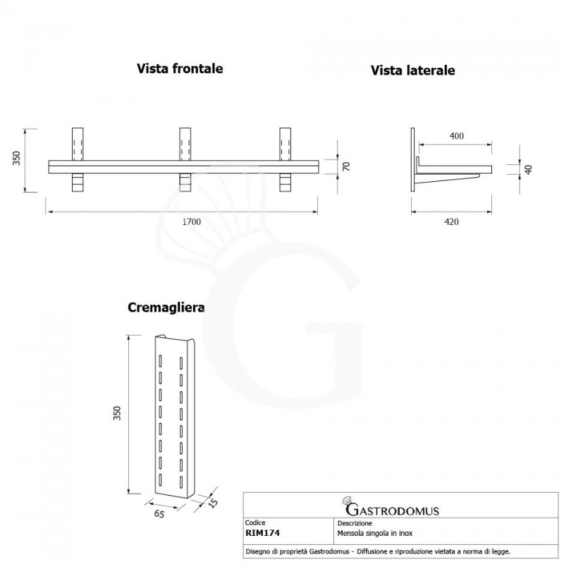 Estante de pared de acero inoxidable L 1700 mm x P 400 mm x A 350 mm