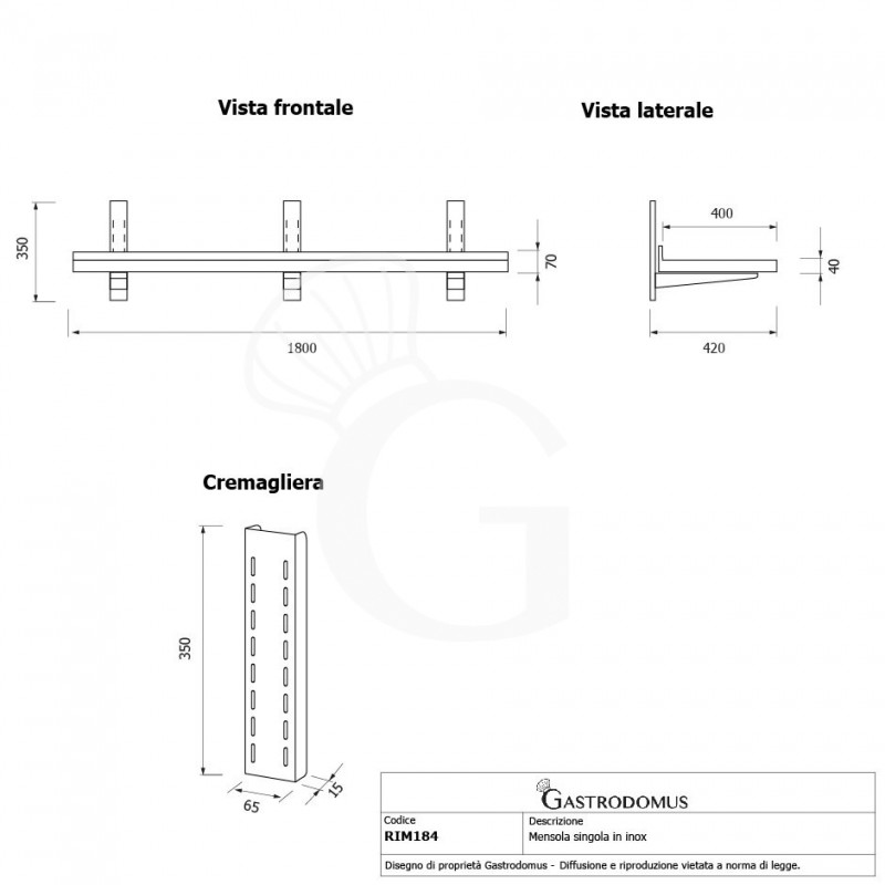 Estante de pared de acero inoxidable L 1800 mm x P 400 mm x A 350 mm