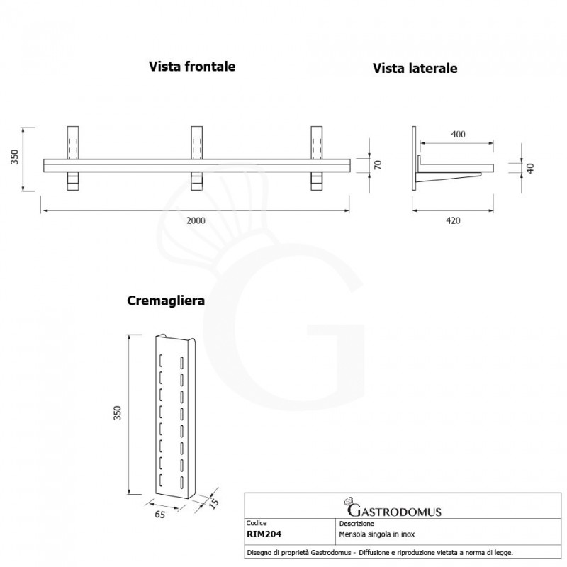Estante de pared de acero inoxidable L 2000 mm x P 400 mm x A 350 mm