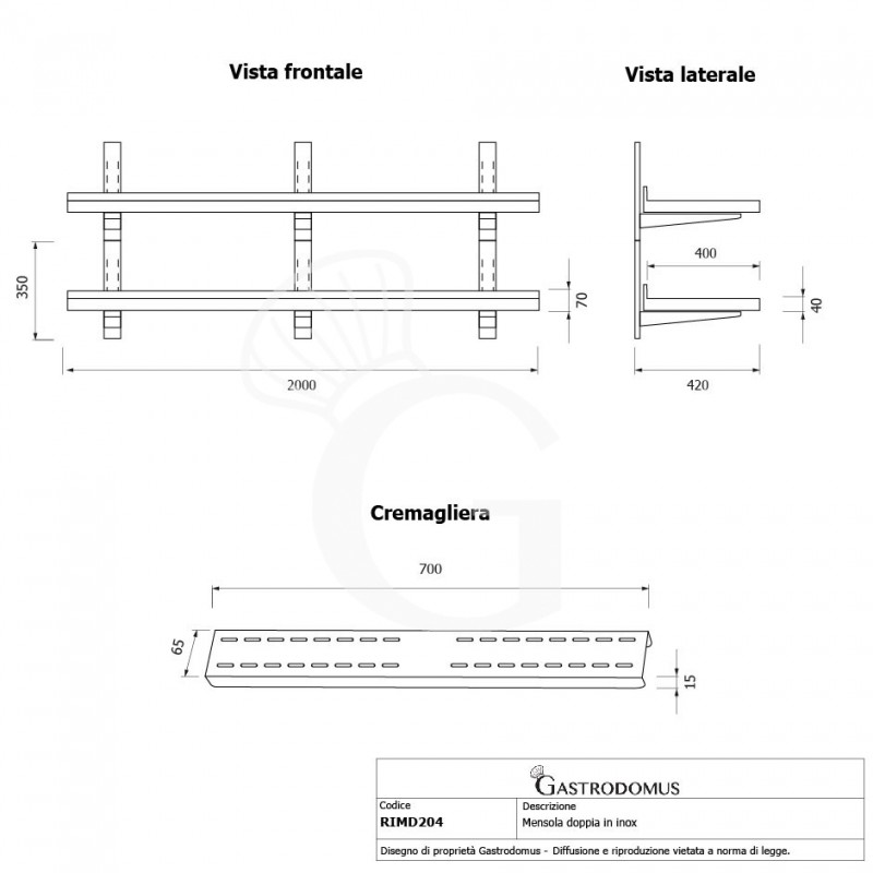 Estante de pared doble de acero inoxidable L 2000 mm x P 400 mm x A 700 mm