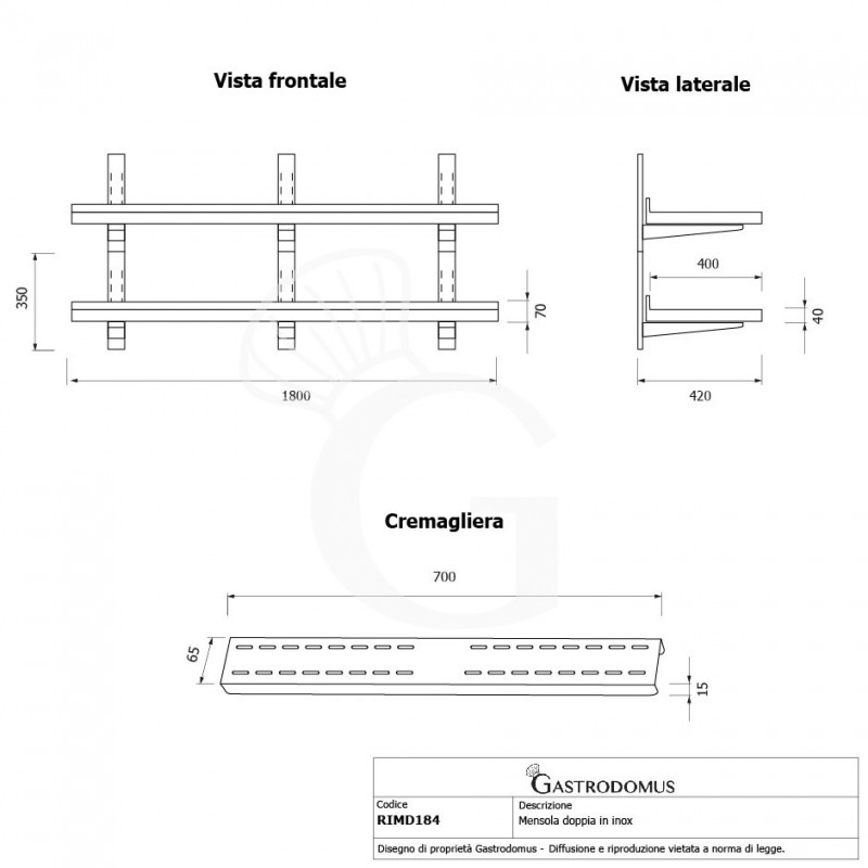 Estante de pared doble de acero inoxidable L 1800 mm x P 400 mm x A 700 mm