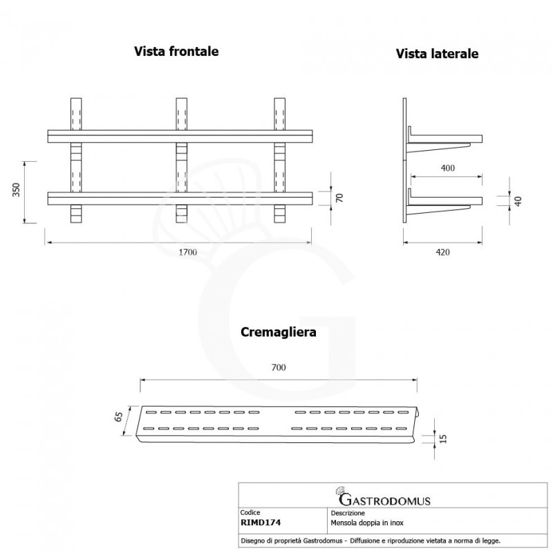 Estante de pared doble de acero inoxidable L 1700 mm x P 400 mm x A 700 mm
