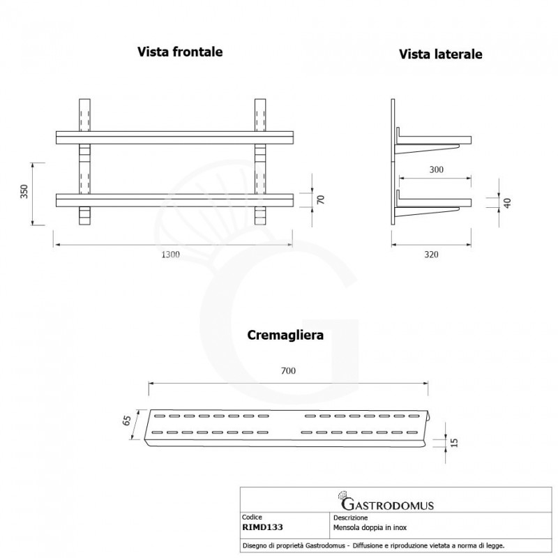 Estante de pared doble de acero inoxidable L 1300 mm x P 300 mm x A 700 mm