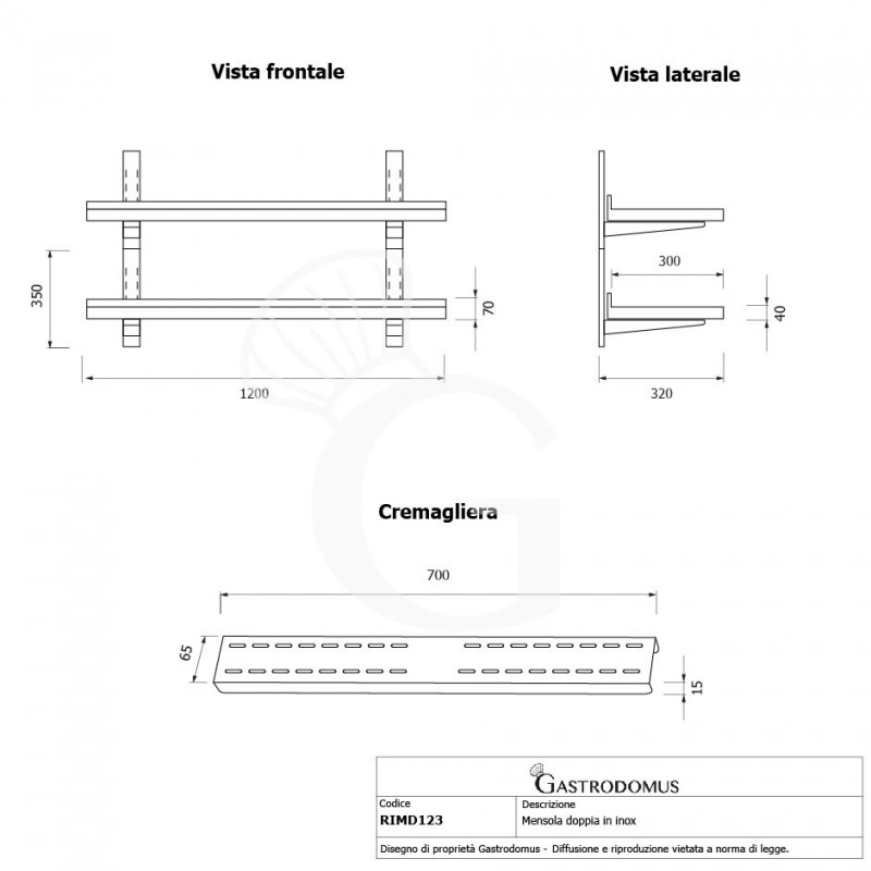 Estante de pared doble de acero inoxidable L 1200 mm x P 300 mm x A 700 mm