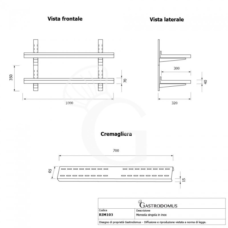 Estante de pared doble de acero inoxidable L 1000 mm x P 300 mm x A 700 mm