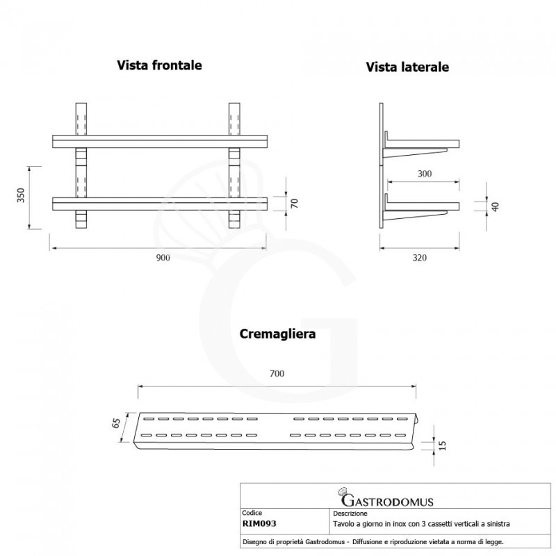 Estante de pared doble de acero inoxidable L 900 mm x P 300 mm x A 700 mm