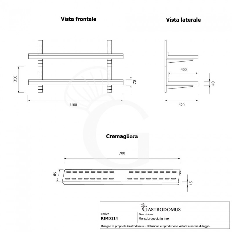 Estante de pared doble de acero inoxidable L 1100 mm x P 400 mm x A 700 mm