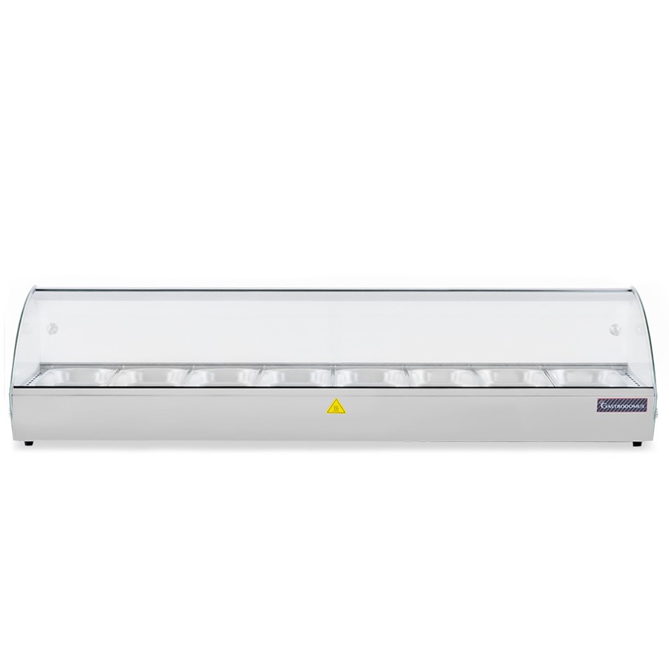 Vitrina caliente de acero inoxidable y vidrio 8 cubetas GN1/3 A 40 mm L 1483 mm x P 420 mm x A 336 mm