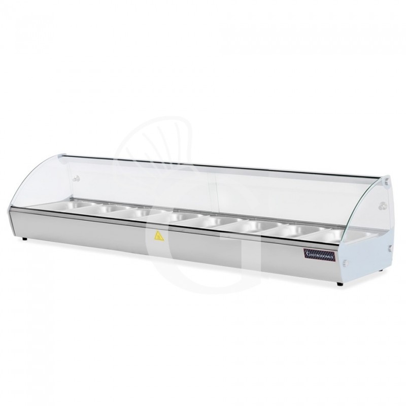 Vitrina caliente de acero inoxidable y vidrio 8 cubetas GN1/3 A 40 mm L 1483 mm x P 420 mm x A 336 mm
