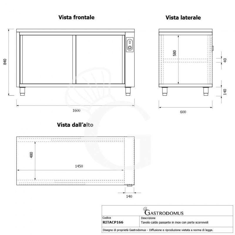 Mesa mural caliente con puertas correderas dobles de acero inoxidable L 1600 mm x P 600 mm x A 850 mm