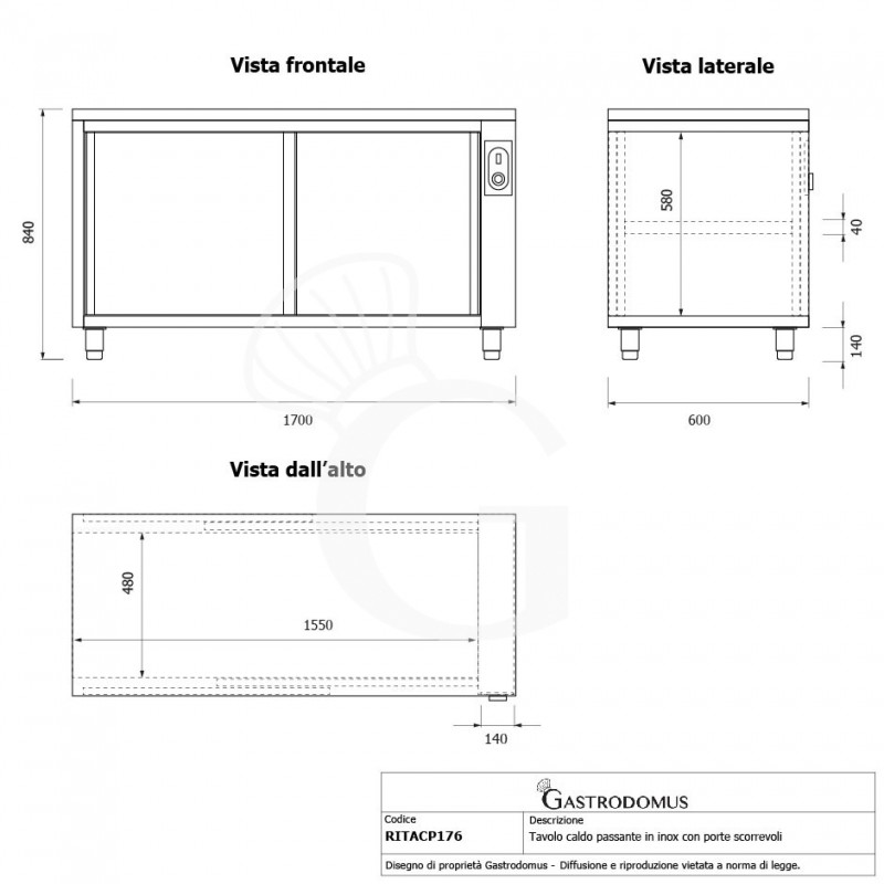 Mesa mural caliente con puertas correderas dobles de acero inoxidable L 1700 mm x P 600 mm x A 850 mm
