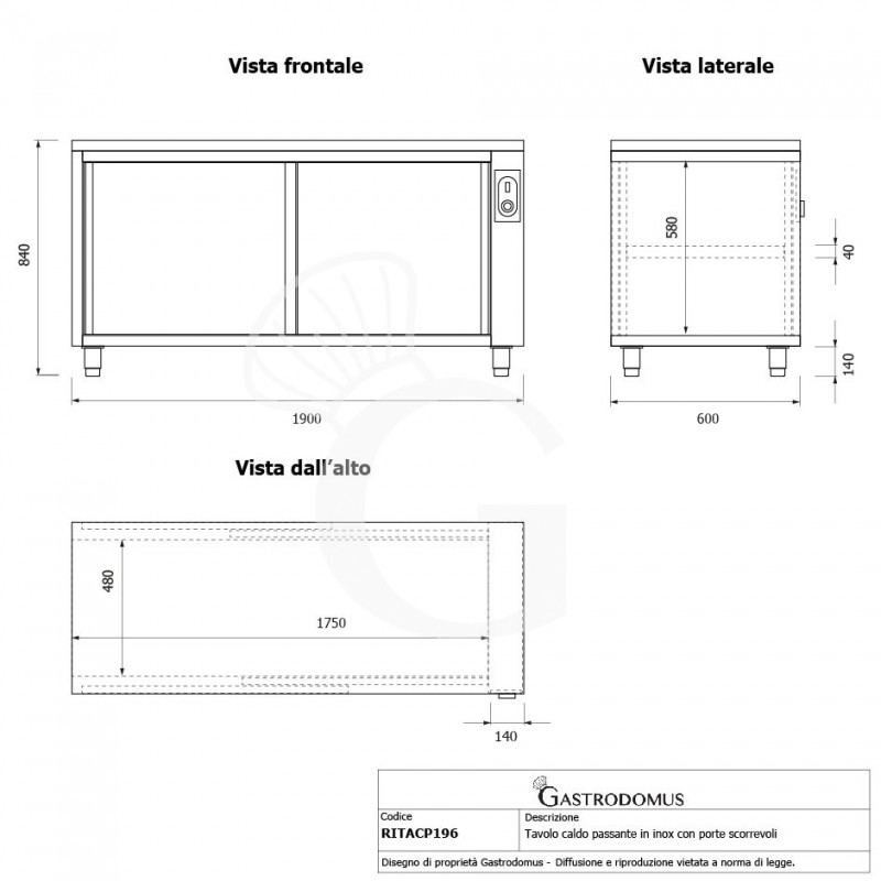 Mesa mural caliente con puertas correderas dobles de acero inoxidable L 1900 mm x P 600 mm x A 850 mm