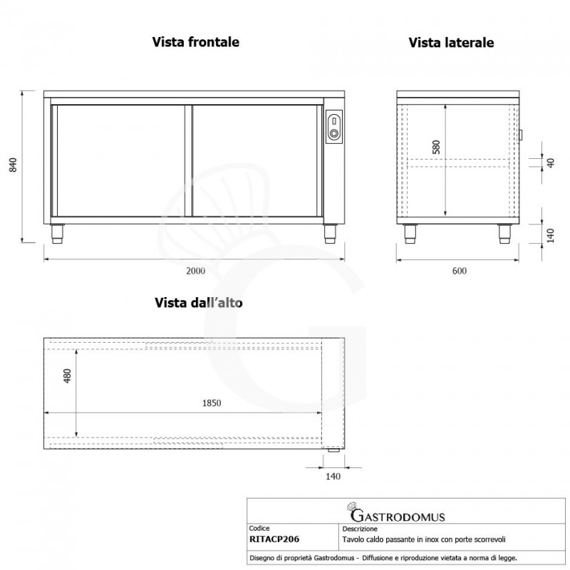 Mesa mural caliente con puertas correderas dobles de acero inoxidable L 2000 mm x P 600 mm x A 850 mm