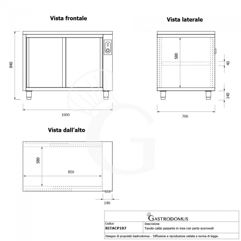 Mesa mural caliente con puertas correderas dobles de acero inoxidable L 1000 mm x P 700 mm x A 850 mm
