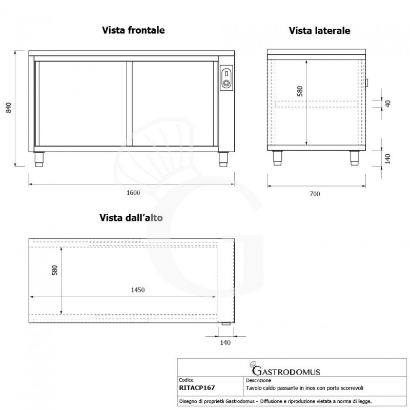 Mesa mural caliente con puertas correderas dobles de acero inoxidable L 1600 mm x P 700 mm x A 850 mm