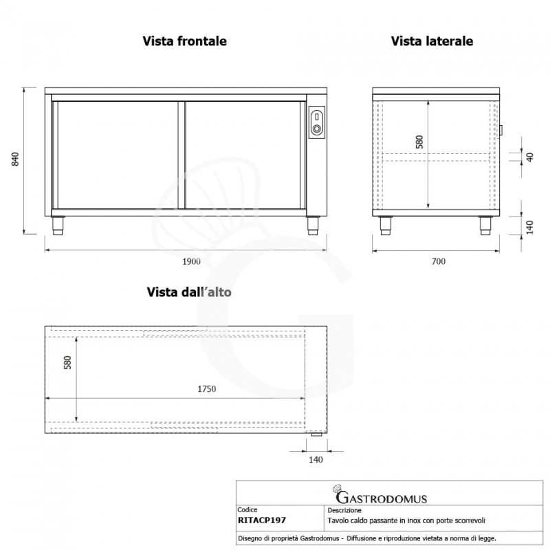 Mesa mural caliente con puertas correderas dobles de acero inoxidable L 1900 mm x P 700 mm x A 850 mm