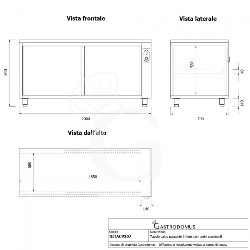 Mesa mural caliente con puertas correderas dobles de acero inoxidable L 2000 mm x P 700 mm x A 850 mm